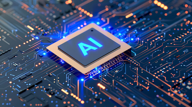 powerful computer processor microchip with the word representing artificial intelligence, AI technology, artificial intelligence, super computer, futuristic technology, network, cyber