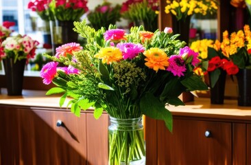 Bouquet over blurred florist shop