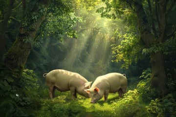 In a supernatural scene, pigs with golden hooves roam the forest, their presence heralding a time of mystical abundance and transformation