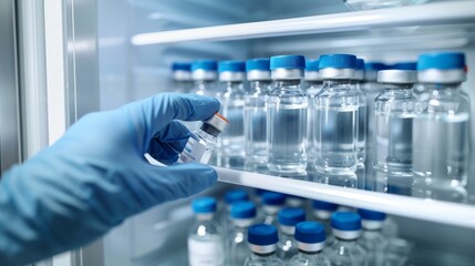 Fototapeta premium A gloved hand reaches into a refrigerated shelf to select a vial, revealing rows of clear glass vials with blue caps