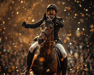 Fototapeta premium Professional horse rider in an Equestrian event, celebrating and screaming happily.