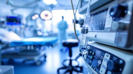 A close-up shot of medical equipment in a hospital operating room, with a blurred background of a surgical bed and a doctor in scrubs