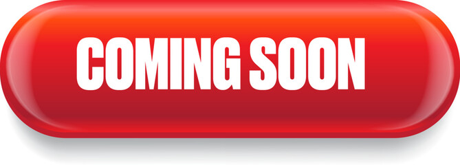 Coming soon horizontal banner and red button on grey modern background. vector coming soon sticker, label, icon, logo and badge isolated on stylish grey background