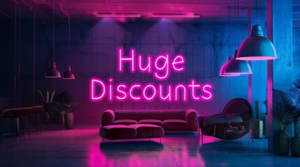 Neon Pink Huge Discounts Sign in a Modern Interior Space