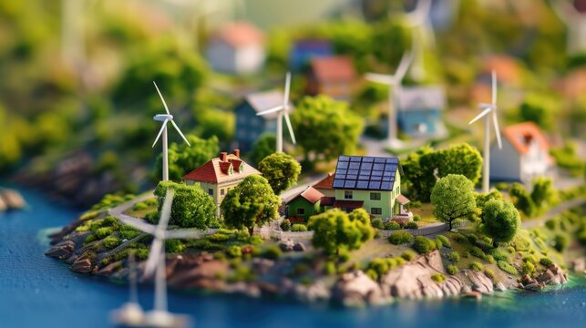 island with contry houses, green trees and windmills