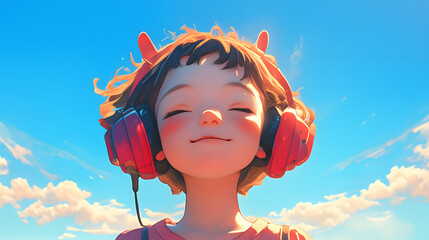 Generative AI, child listening to music on a summer day Under the Blue Sky
