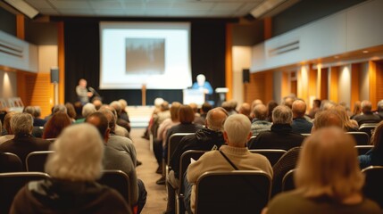 Audience attending a conference in a modern hall with projection screen and speaker on stage, focused on the presentation.