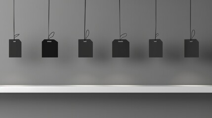 Black Square Tags Hanging From Strings Over White Shelf