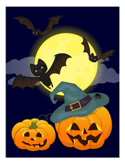 Halloween Party Posters with Bats and Pumpkin in a Hat. Jack. Vector illustration. Art for poster, card, wall art, banner background