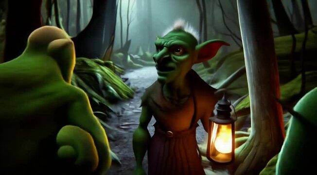A green goblin holding a lantern in a dark forest. The lantern is lit, creating a mood of mystery and intrigue
