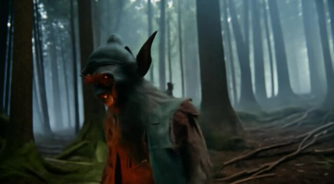 A gnome is holding a lantern in a dark forest. The lantern is lit, casting a warm glow on the gnome's face. The gnome has a mischievous look on his face, and his eyes are wide open
