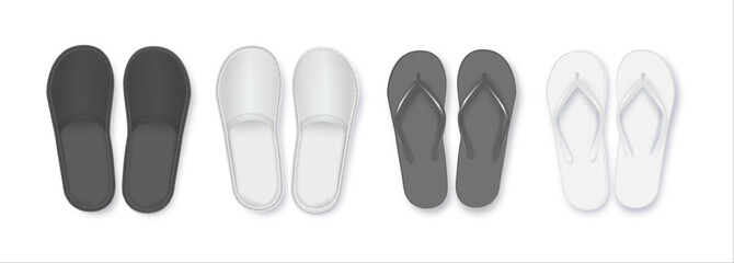 Realistic 3d White and Black Blank Empty Flip Flop Closeup Isolated on White Background. Design Template of Summer Beach Flip Flops Pair Mockup. Vector