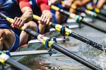 Obraz premium A close-up of the oars in action, with men rowing together on an international competition boat. The focus is on their hands and oar strokes as they rows forward. symbolizing team work and unity.