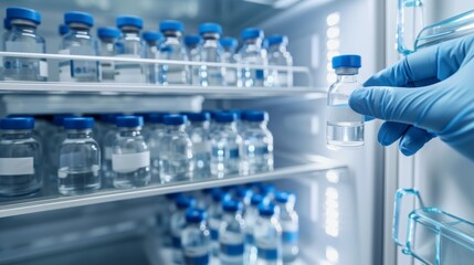 A gloved hand reaches into a refrigerated storage unit, carefully taking out a glass vial containing a clear liquid. The shelves are filled with rows of identical vials