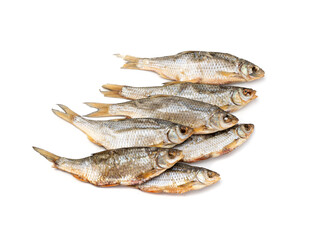 Dry roach, salted fish isolated, dried rutilus, taranka beer snack, whole salted and dried fish, prepared seafood