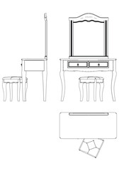 Dressing Table Line Vector Illustration. Different Views of Dressing Table, Ideal for Furniture Design and Interior Concepts with Front, Side, and Top Views
