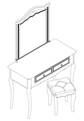 Dressing Table Line Vector Illustration. Different Views of Dressing Table, Ideal for Furniture Design and Interior Concepts 