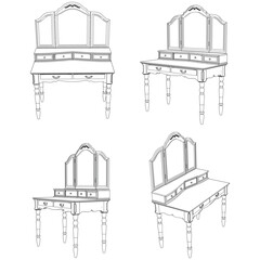 Dressing Table Line Vector Illustration.  Set of Different Views of Dressing Table with Detailed Design Elements, Ideal for Furniture Design and Interior Concepts