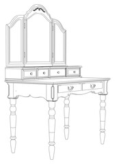 Dressing Table Line Vector Illustration. Different Views of Dressing Table, Ideal for Furniture Design and Interior Concepts 