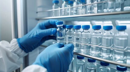 Fototapeta premium A gloved hand reaches into a refrigerated cabinet and picks up a glass vial from a shelf full of similar vials