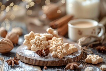 Fototapeta premium Nut cookies, walnut biscuits, butter cookies, crackers pile in shape of flowers, snowflakes, stars, round shortbread