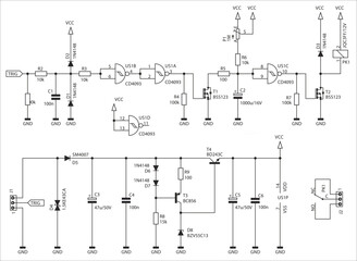 Schematic diagram of electronic device on sheet of paper.  Vector drawing electrical circuit with logic gate of
integrated circuit, resistor, capacitor, diode, transistor,
other components.