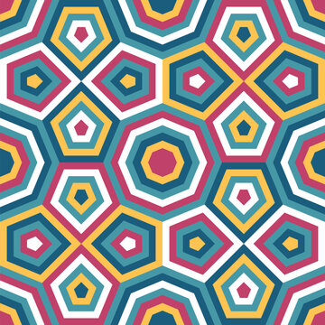 Seamless retro-style pattern with concentric red, blue, yellow, and white hexagons, octagons, and pentagons. Abstract geometric background. 