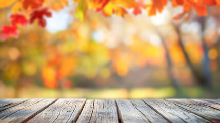 Empty Wooden Tabletop with Natural Autumn Background and Copy Space