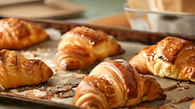 A mouthwatering 4K video showcasing freshly baked golden croissants, perfectly crisp and flaky, displayed on a baking tray. The delicious pastries evoke a sense of warmth and culinary delight
