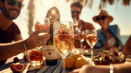 Group of friends enjoying a summer party with drinks and food at a beachside setting, creating joyful memories under the sun.