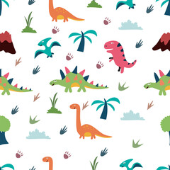 Vector seamless childish pattern with colorful dinosaurs, vulcan, and palm tree. Can be printed and used as wrapping paper, wallpaper, fabric, textile, background, etc