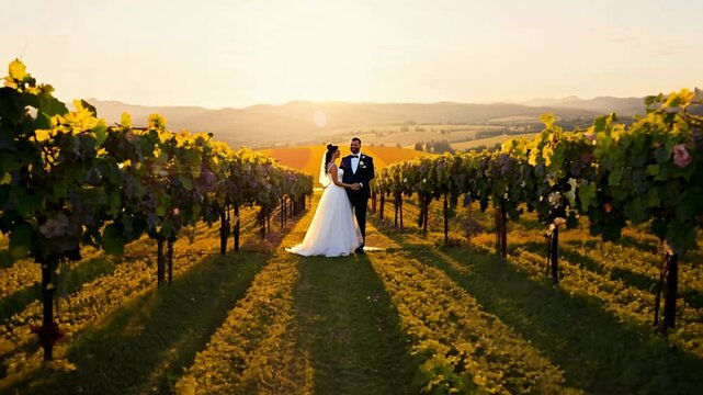 A wedding ceremony set in a vineyard, with the setting sun casting a warm light over the rows of grapevines.