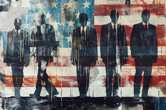 FBI agents in front of US flag, silhouette of men in front of patriotic symbol
