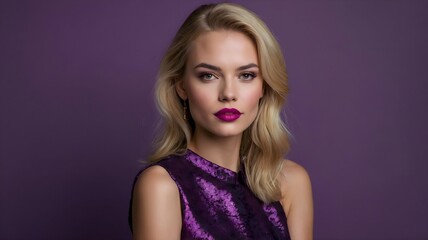 Obraz premium Portrait of a beautiful blond model looking at the camera with a prominent ruby, purple background, with copy space.