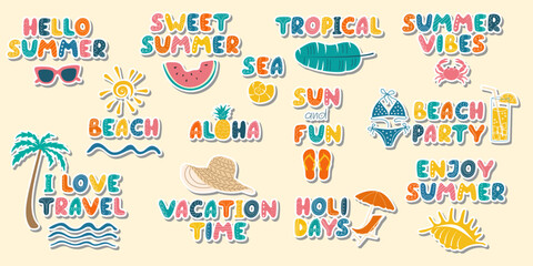 Summer stickers with Lettering and seasonal elements collection. Colorful hand drawn sea holidays illustration. Cute funny summer Vacation Beach sticker pack. Element for Design