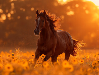 Majestic horse galloping through sunflower field at sunset, showcasing beauty of nature