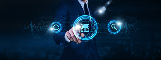 Big data technology, cloud computing, predictive analytics, businessman touch of data exchange icon...
