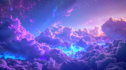A fantastical panorama unfolds under a sky ablaze with shades of purple and blue, where neon clouds drift lazily amidst the celestial expanse,  