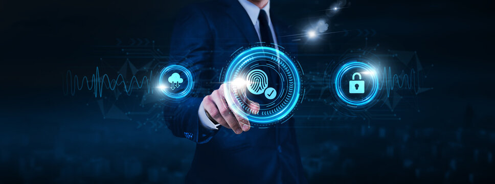 Biometric security technology, fingerprint recognition, facial recognition, businessman touch of Biometric security icon Data exchange on digital network connection, iris scanning.