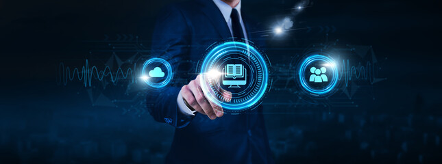 E-learning, online courses, virtual classrooms, businessman touch of interactive learning icon Data exchange on digital network connection, distance education, learning management systems.