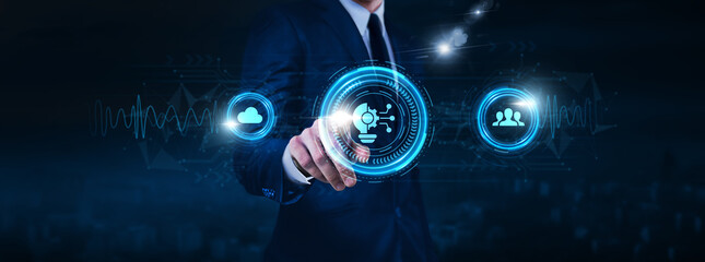 Innovation Technology: Businessman touch of Innovation Technology icon on digital network...