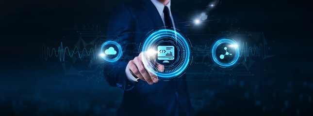 Software Development Technology, software frameworks, businessman touch icon Data exchange on digital network connection, development tools, continuous integration and deployment.