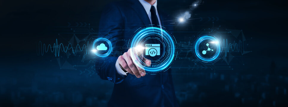 Web development technology, front-end frameworks, back-end servers, businessman touch of Web development icon Data exchange on digital network connection, content management systems.