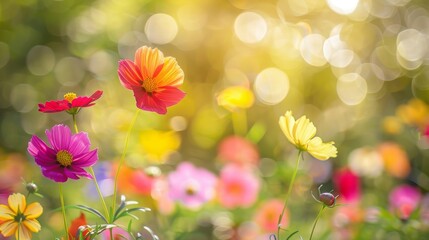 Flower field in sunlight, spring or summer garden background in closeup macro view or flowers meadow field in morning light