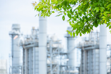 Power plant background with tree. Green industry eco power for sustainable energy saving environmental friendly low carbon footprint concept.