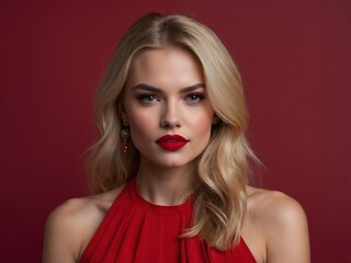 Fototapeta premium Portrait of a beautiful blond model looking at the camera with a prominent ruby, red, background, with copy space.