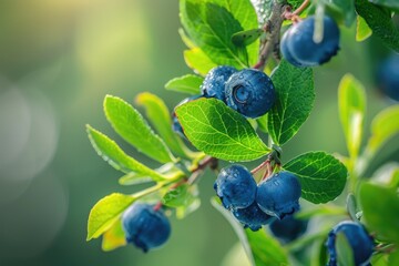 Blueberry Tree: Close-up of Fresh Blueberry on Tree Branch with Lush Leaves
