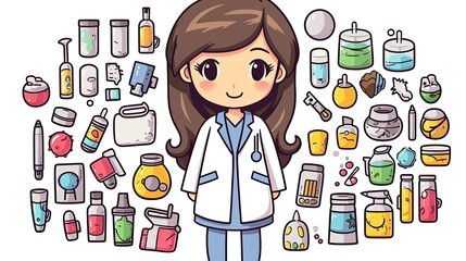a cute Asian girl wearing a white lab coat holding medical tools 