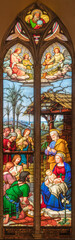 PERUGIA, ITALY - MAY 16, 2024: The stained glass of Adoration of Shepherds in the church Cattedrale...