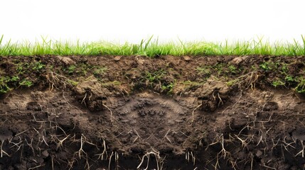Fototapeta premium Detailed image of grass roots and soil cross section empty space for teaching
